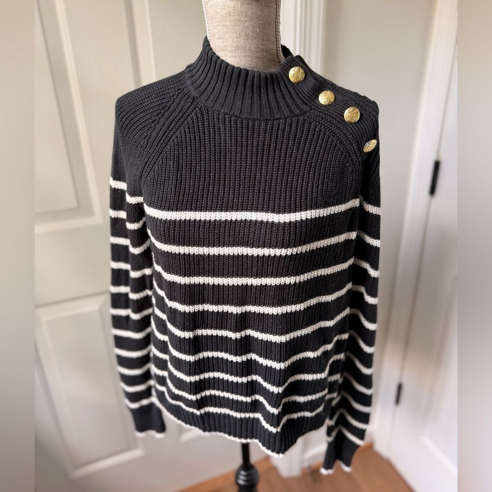J.Crew Factory M Striped Nautical Sweater Black White Gold Button Preppy Coastal